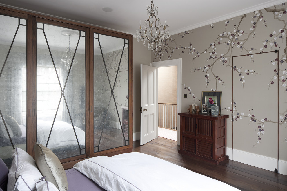 Bedroom - mid-sized contemporary master dark wood floor bedroom idea in London with multicolored walls