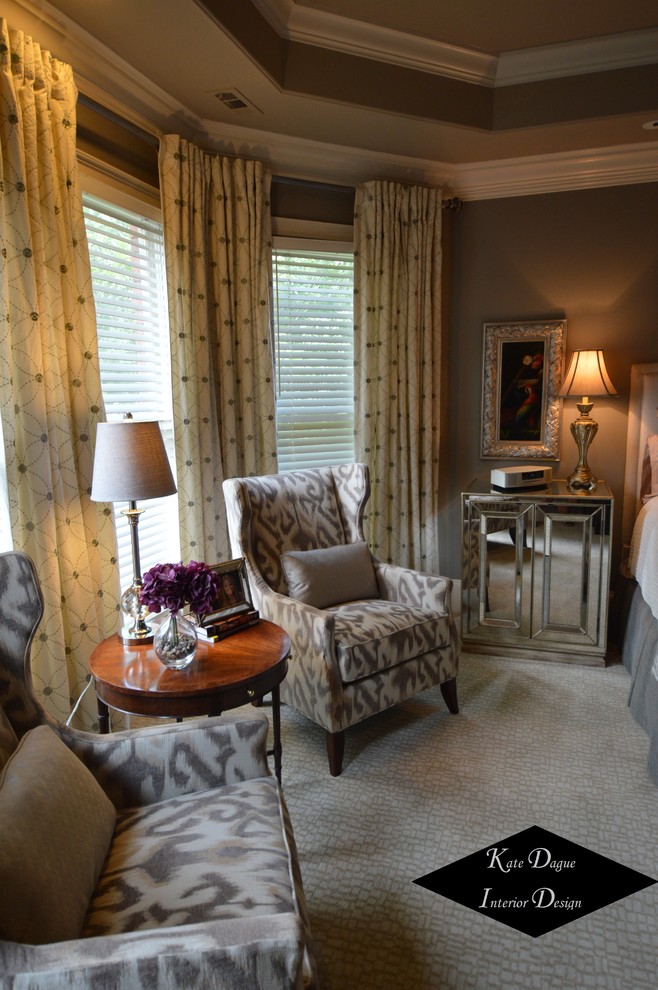 Bedroom - transitional master carpeted bedroom idea in Atlanta with gray walls
