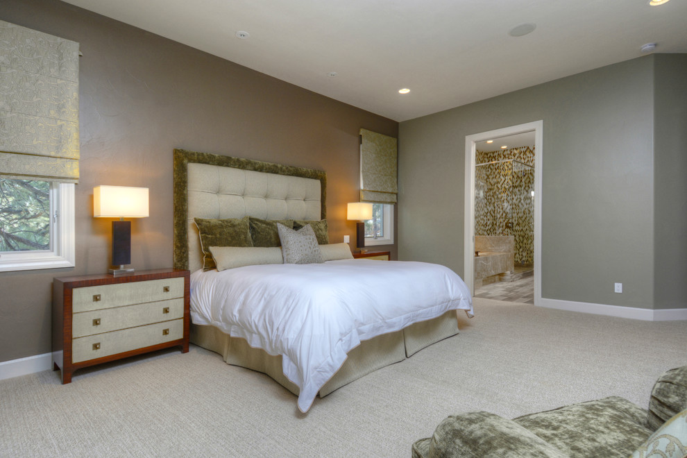 Large trendy master carpeted and gray floor bedroom photo in Denver with gray walls