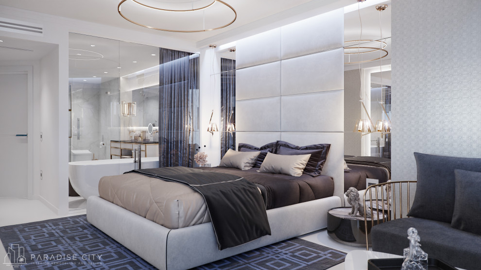 Mittelgroßes Modernes Hauptschlafzimmer mit beiger Wandfarbe, Porzellan-Bodenfliesen, weißem Boden und Tapetenwänden in Miami