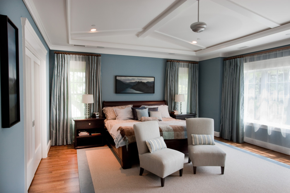 Inspiration for a traditional master bedroom in DC Metro with blue walls and medium hardwood flooring.