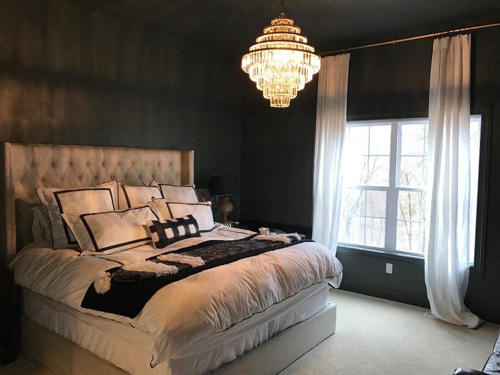 Design ideas for a medium sized contemporary master bedroom in Chicago with black walls and carpet.