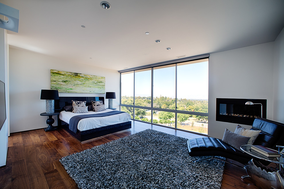 Inspiration for a medium sized modern master bedroom in Houston with white walls, dark hardwood flooring, a ribbon fireplace and a metal fireplace surround.
