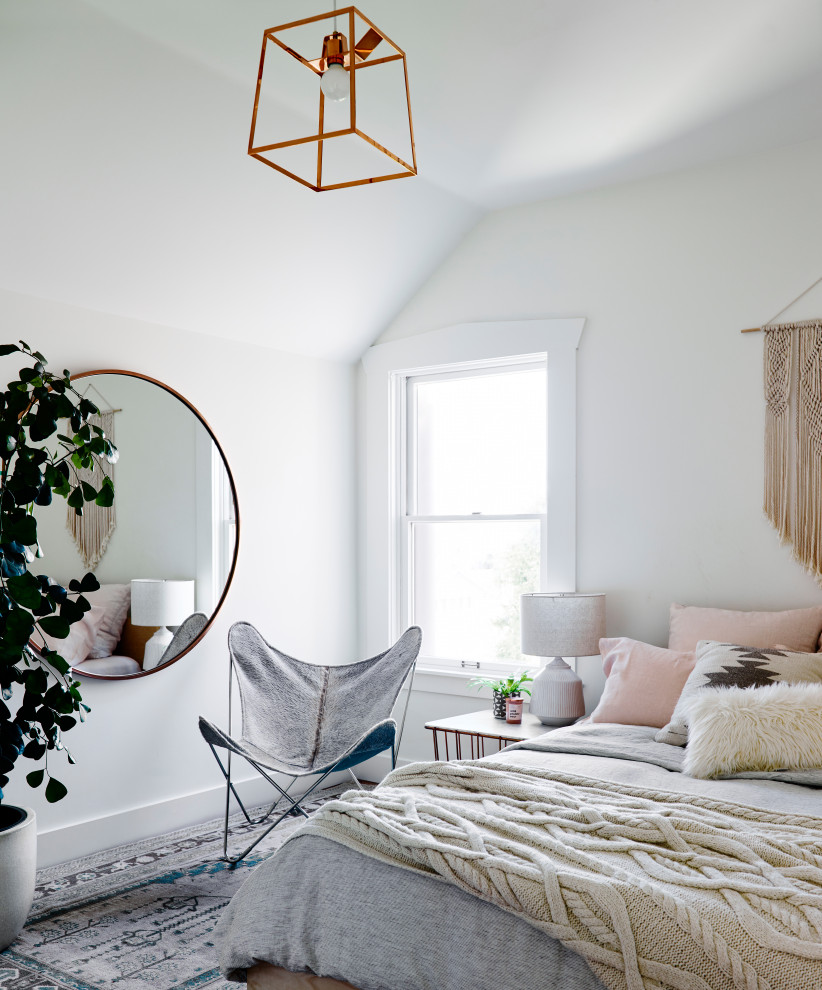 Inspiration for a medium sized scandinavian master and grey and pink bedroom in San Francisco with white walls.