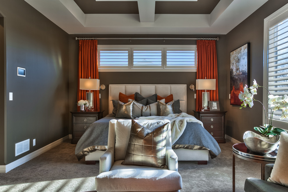 Example of a large transitional master carpeted and gray floor bedroom design in Omaha with brown walls and no fireplace