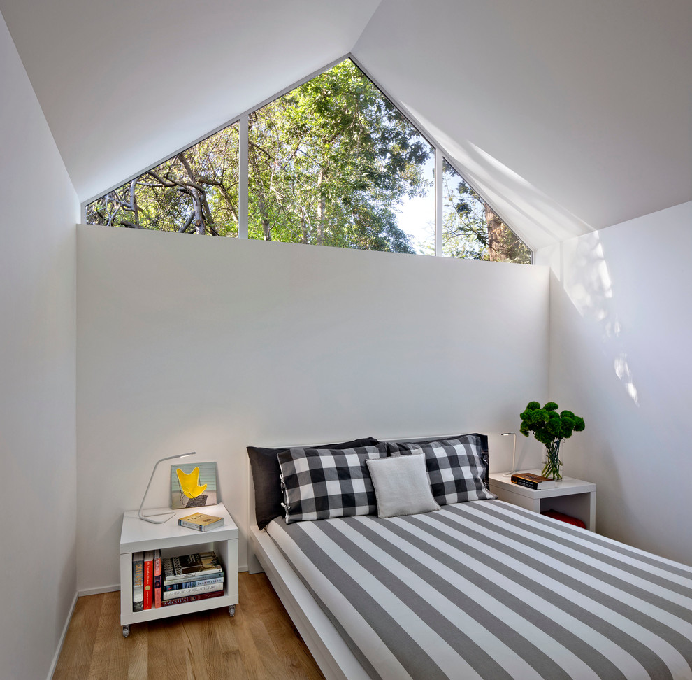 Foto de dormitorio actual pequeño con paredes blancas y suelo de madera en tonos medios