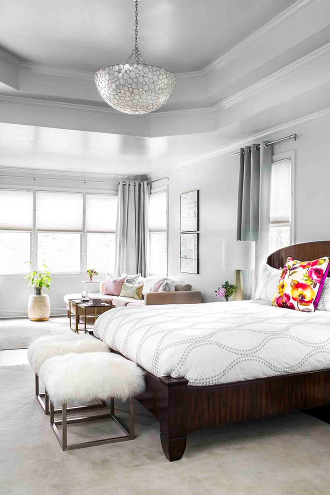Inspiration for an eclectic master dark wood floor and brown floor bedroom remodel in Atlanta with gray walls