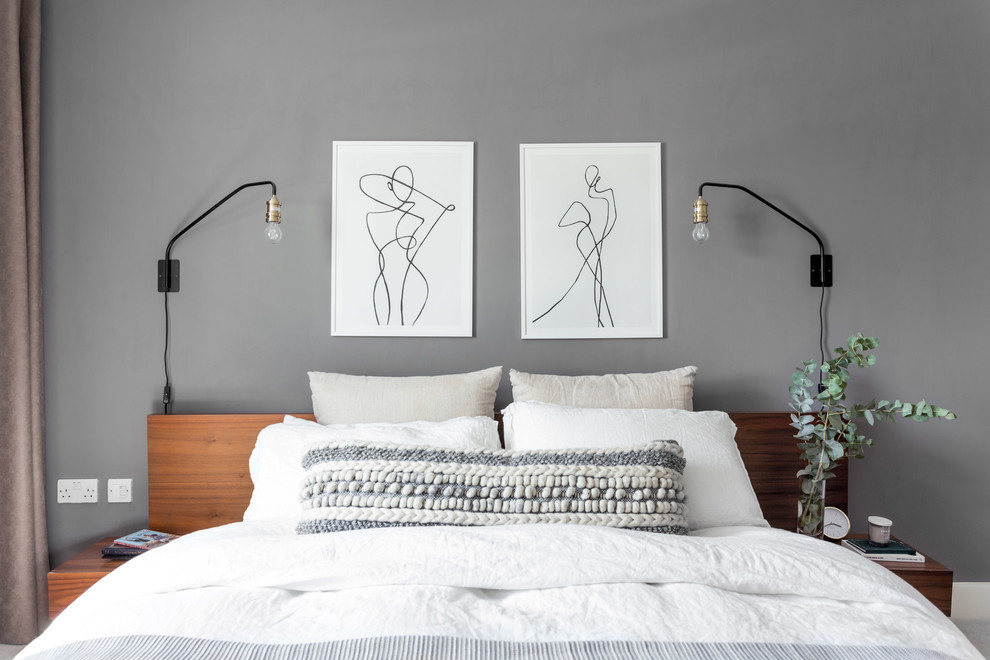 Modelo de dormitorio escandinavo con paredes grises