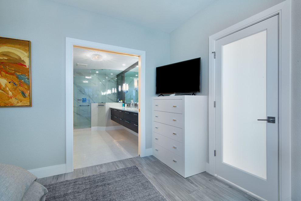 Diseño de dormitorio principal contemporáneo de tamaño medio con paredes grises, suelo de madera clara y suelo gris