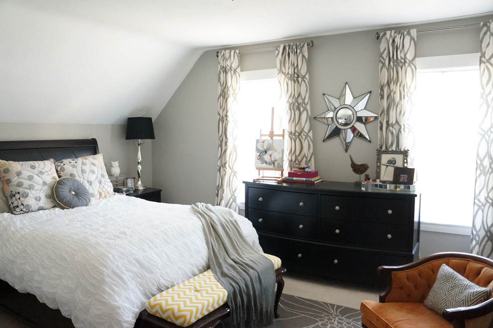 Bedroom - large eclectic master carpeted bedroom idea in Boston with gray walls
