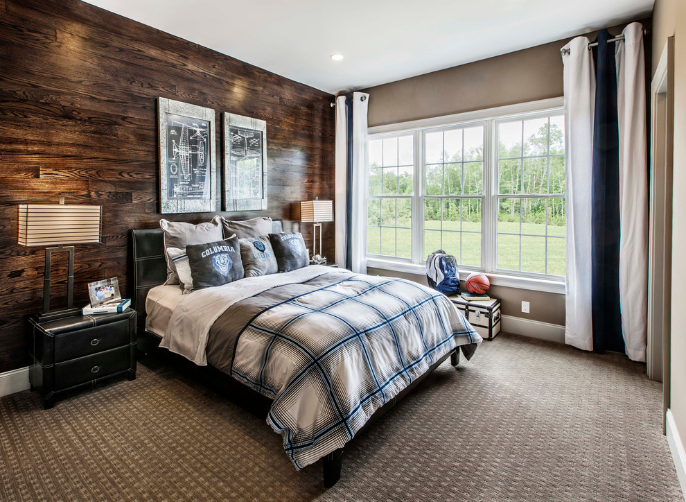 This is an example of a medium sized rustic bedroom in New York with beige walls and carpet.