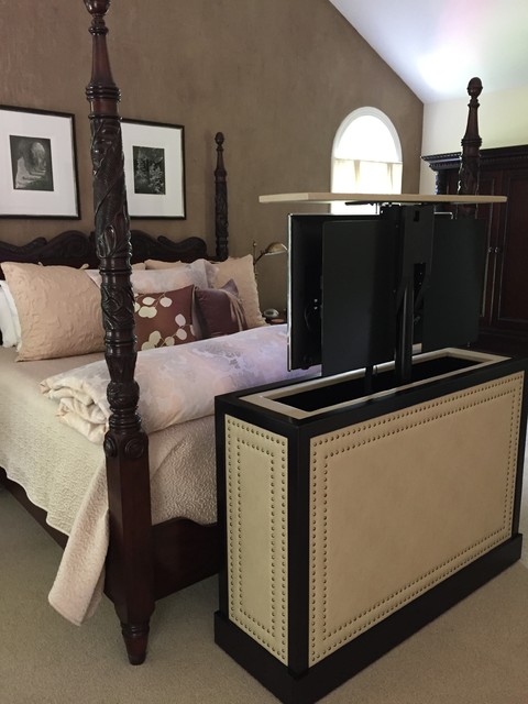 end of bed leather studded TV lift cabinet by Cabinet Tronix.. in up  position. - Transitional - Bedroom - San Diego - by TV Lift Cabinet by  Cabinet Tronix | Houzz UK