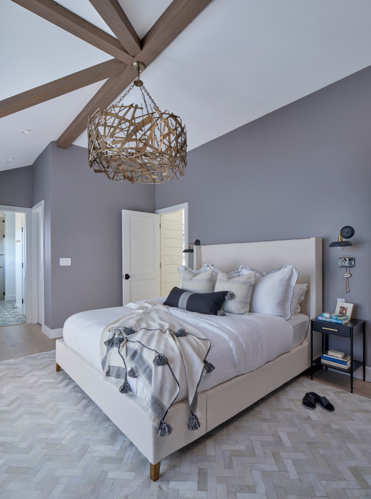 Photo of a medium sized contemporary master bedroom in San Francisco with grey walls and medium hardwood flooring.