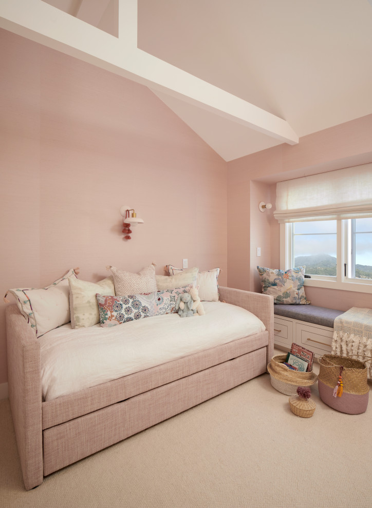 Photo of a medium sized contemporary bedroom in San Francisco with pink walls, carpet and white floors.