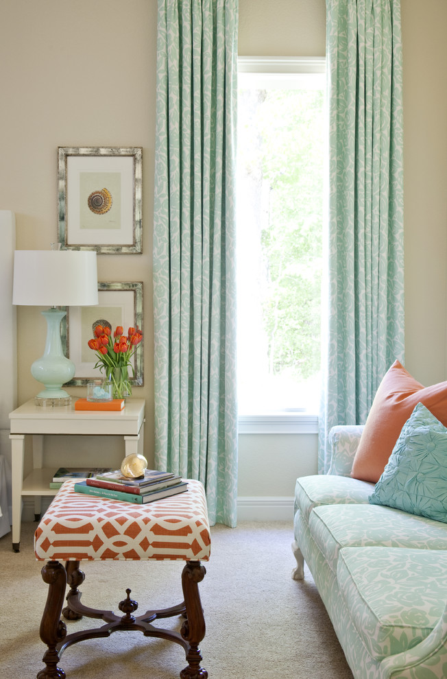 Inspiration for a timeless carpeted bedroom remodel in Little Rock with beige walls