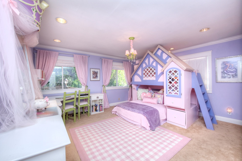 Example of a mid-sized classic guest carpeted bedroom design in San Francisco with purple walls