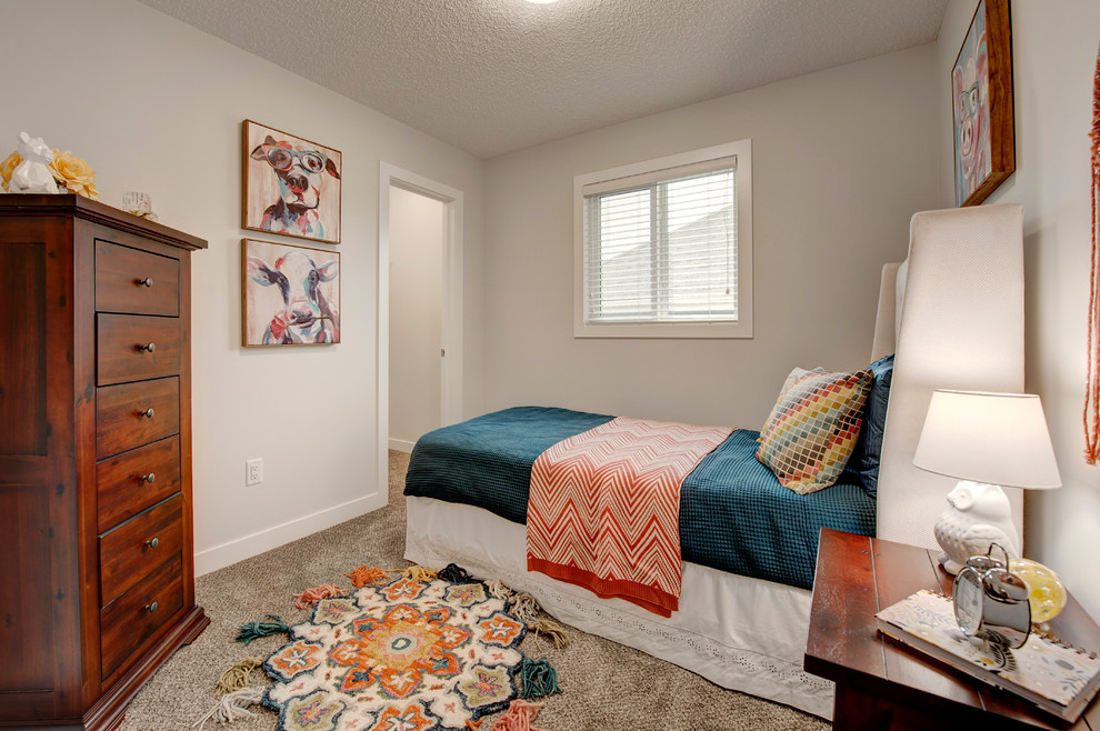 Diseño de habitación de invitados tradicional renovada pequeña con paredes blancas, moqueta y suelo marrón