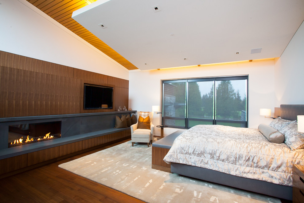 Diseño de dormitorio televisión actual grande con paredes blancas, suelo de madera en tonos medios, chimenea lineal y marco de chimenea de piedra