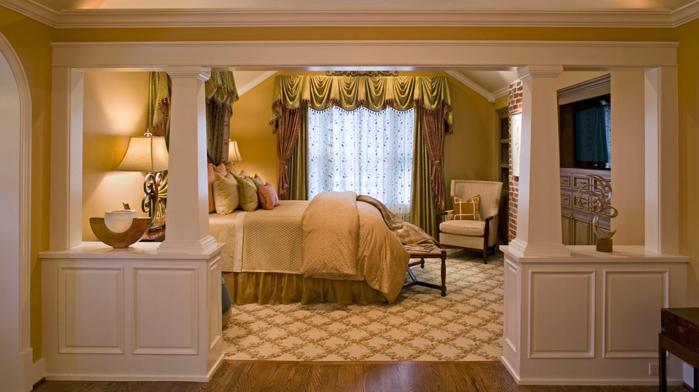 Inspiration for a timeless master carpeted bedroom remodel in Nashville with yellow walls