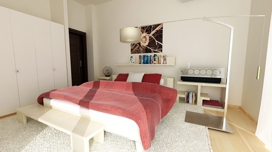 Mittelgroßes Modernes Schlafzimmer im Loft-Style mit weißer Wandfarbe und Sperrholzboden in Sonstige