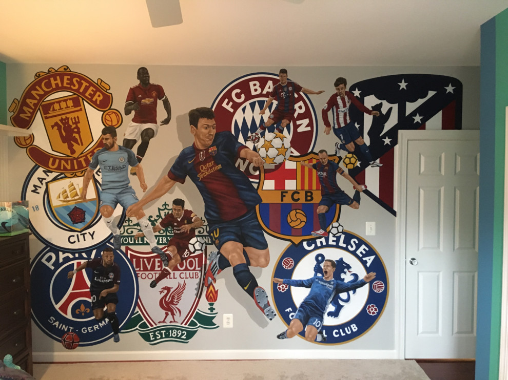 European Football/Soccer Clubs Mural, handpainted in a bedroom by Tom