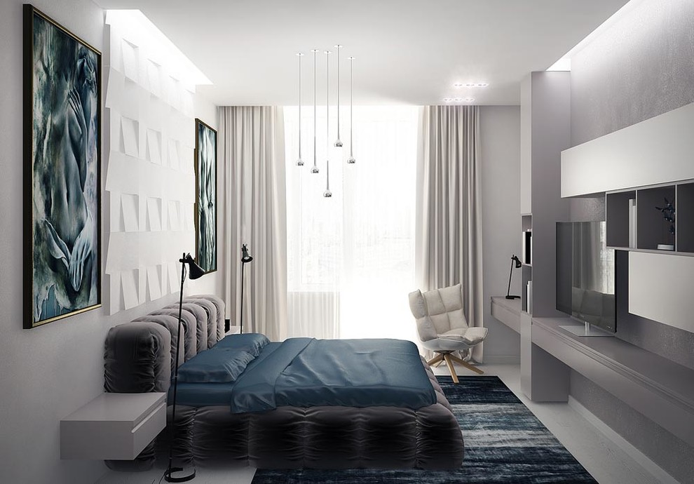 Ejemplo de habitación de invitados contemporánea pequeña con paredes blancas y suelo de madera pintada
