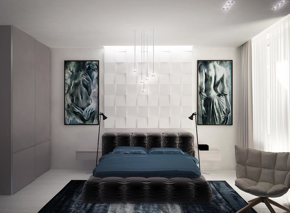 Diseño de habitación de invitados contemporánea pequeña sin chimenea con suelo de madera pintada y paredes blancas