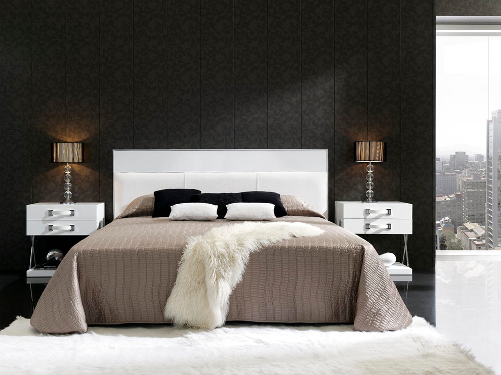 Modelo de dormitorio contemporáneo pequeño sin chimenea con paredes grises