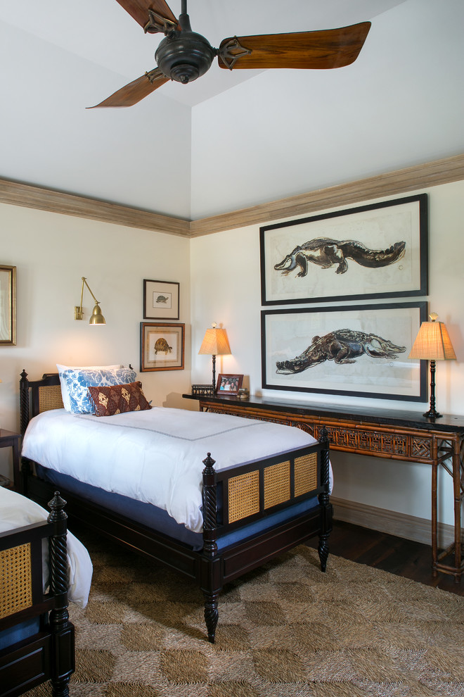 Bedroom - mid-sized mediterranean guest dark wood floor bedroom idea in Miami with beige walls and no fireplace
