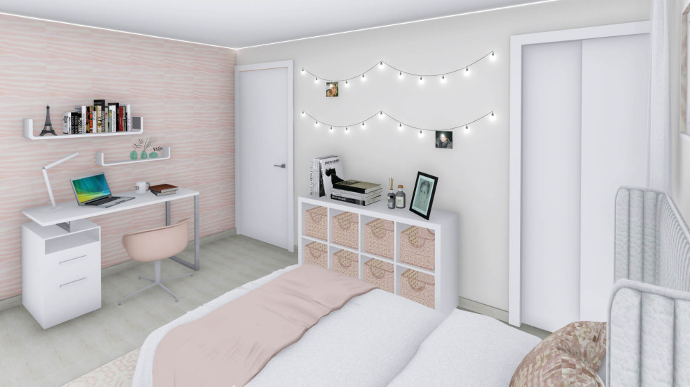 Foto de dormitorio contemporáneo pequeño sin chimenea con suelo de mármol, suelo beige y papel pintado