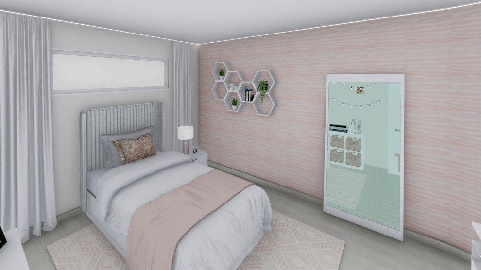 Kleines Modernes Schlafzimmer ohne Kamin mit Marmorboden, beigem Boden und Tapetenwänden in Miami