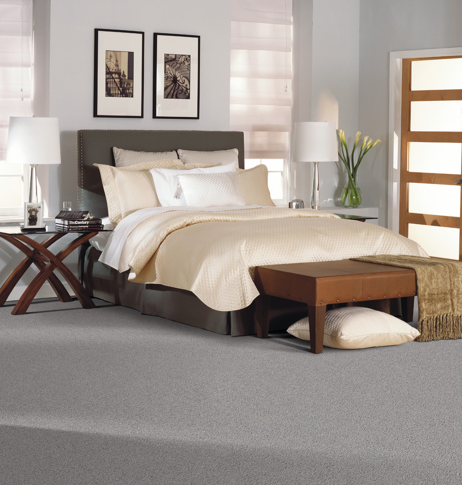 Свежая идея для дизайна: большая хозяйская спальня в современном стиле с серыми стенами и ковровым покрытием без камина - отличное фото интерьера
