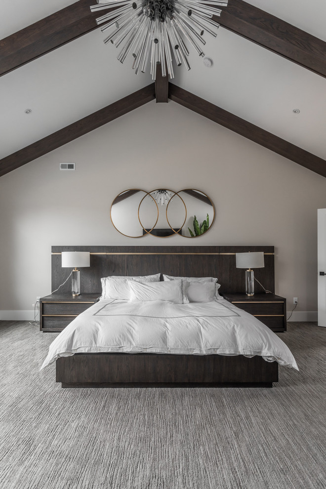 Diseño de dormitorio minimalista con moqueta y suelo gris