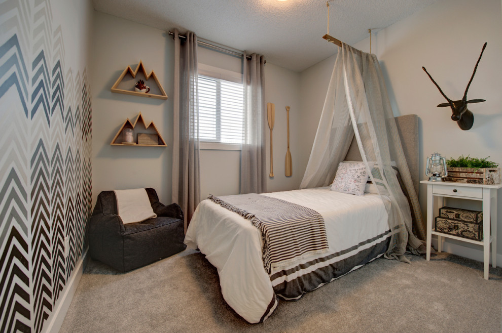 Example of a small transitional guest carpeted and gray floor bedroom design in Edmonton with gray walls