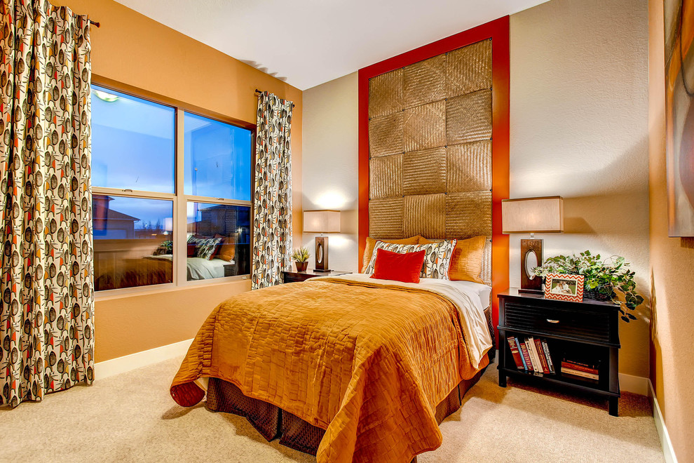 Bedroom - contemporary carpeted bedroom idea in Denver with multicolored walls