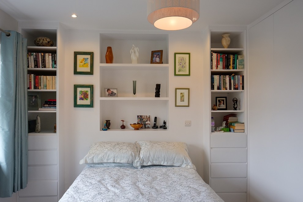 This is an example of a medium sized modern guest bedroom in Surrey with white walls.