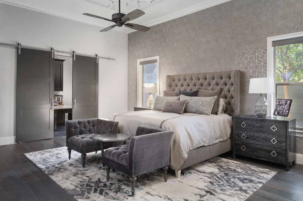 Medium sized bohemian master bedroom in Phoenix with grey walls, dark hardwood flooring and brown floors.