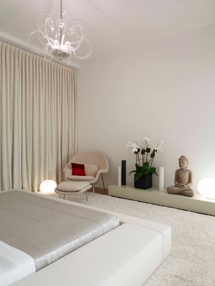 Photo of a contemporary bedroom in New York with white walls, carpet and no fireplace.