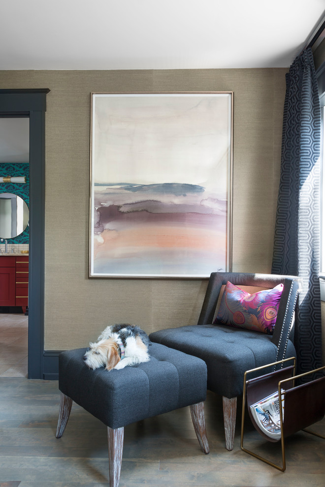 Large transitional master medium tone wood floor and brown floor bedroom photo in Denver with beige walls