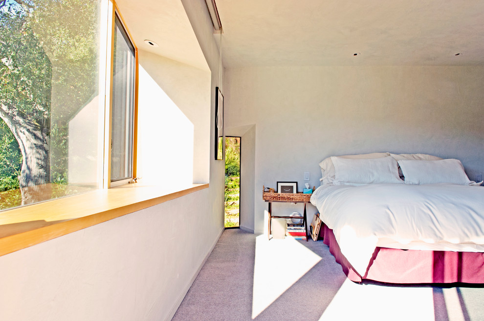 This is an example of a medium sized modern master bedroom in San Francisco with beige walls, carpet and no fireplace.