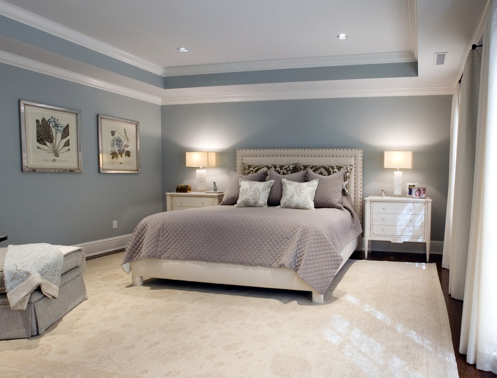 Example of a large transitional master medium tone wood floor bedroom design in New York with blue walls