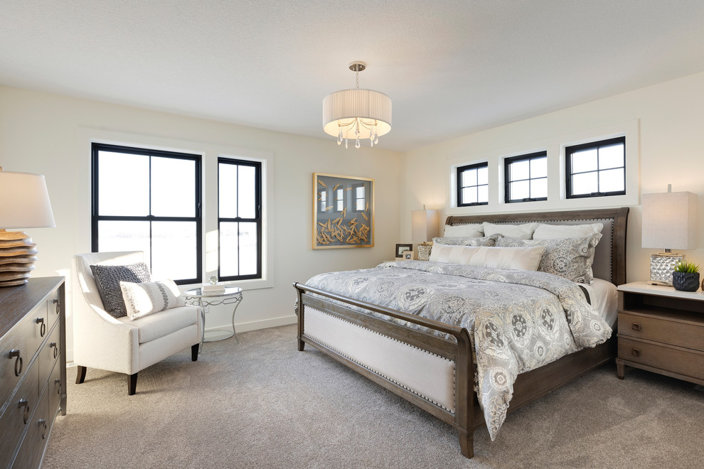 Inspiration for a transitional master carpeted and gray floor bedroom remodel in Minneapolis with white walls
