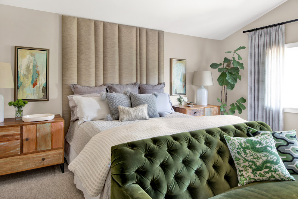Bedroom - mid-sized country master carpeted and beige floor bedroom idea in Los Angeles with beige walls, no fireplace and a plaster fireplace