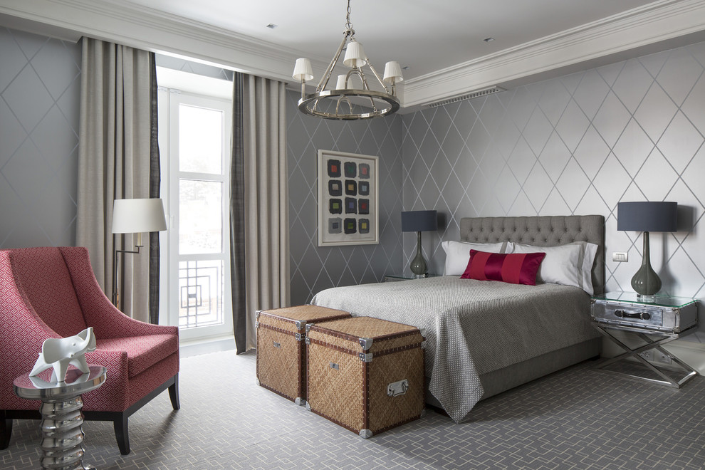 Traditional grey and silver bedroom in Moscow with grey walls, carpet, grey floors and feature lighting.