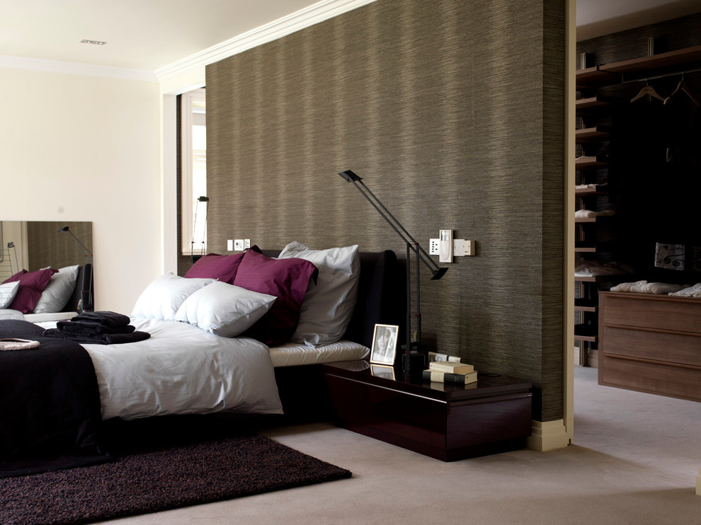 Design ideas for a large contemporary master bedroom in Dublin with carpet.