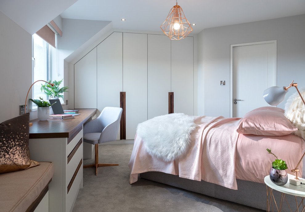 Пример оригинального дизайна: гостевая спальня среднего размера, (комната для гостей): освещение в скандинавском стиле с ковровым покрытием, серым полом и серыми стенами
