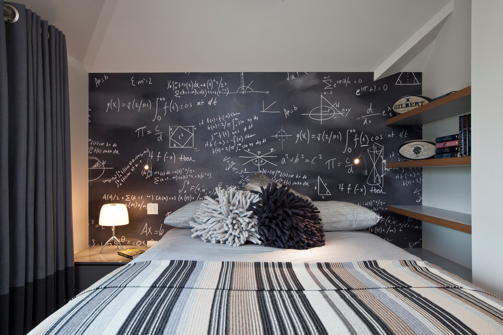 Immagine di una camera da letto contemporanea con pareti multicolore