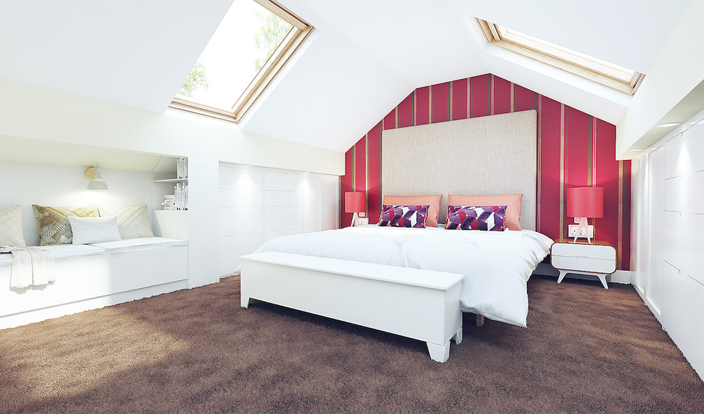 Modelo de habitación de invitados contemporánea grande sin chimenea con paredes beige, moqueta y suelo marrón