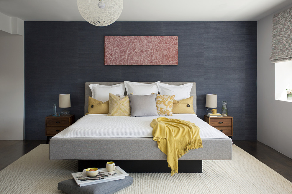 Mid-sized trendy master dark wood floor bedroom photo in Boston with blue walls