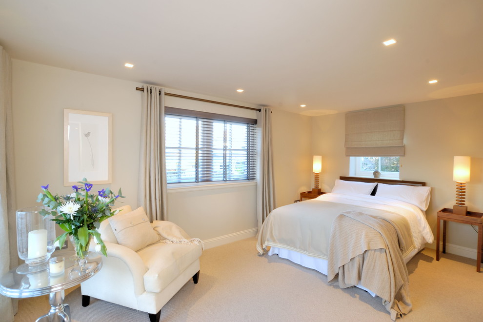 他の地域にある中くらいなトラディショナルスタイルのおしゃれな主寝室 (白い壁、カーペット敷き)
